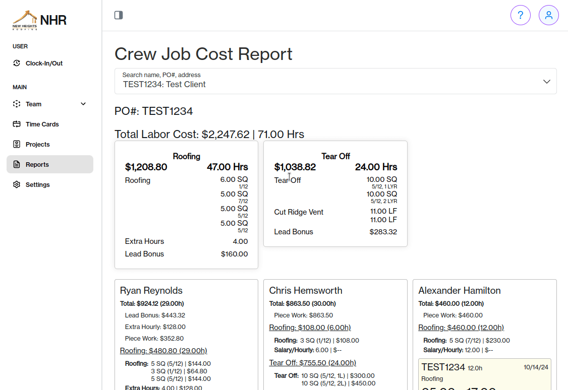 Piece Work Pro job costing report showing labor costs broken down by task type, crew member, and total spend per project