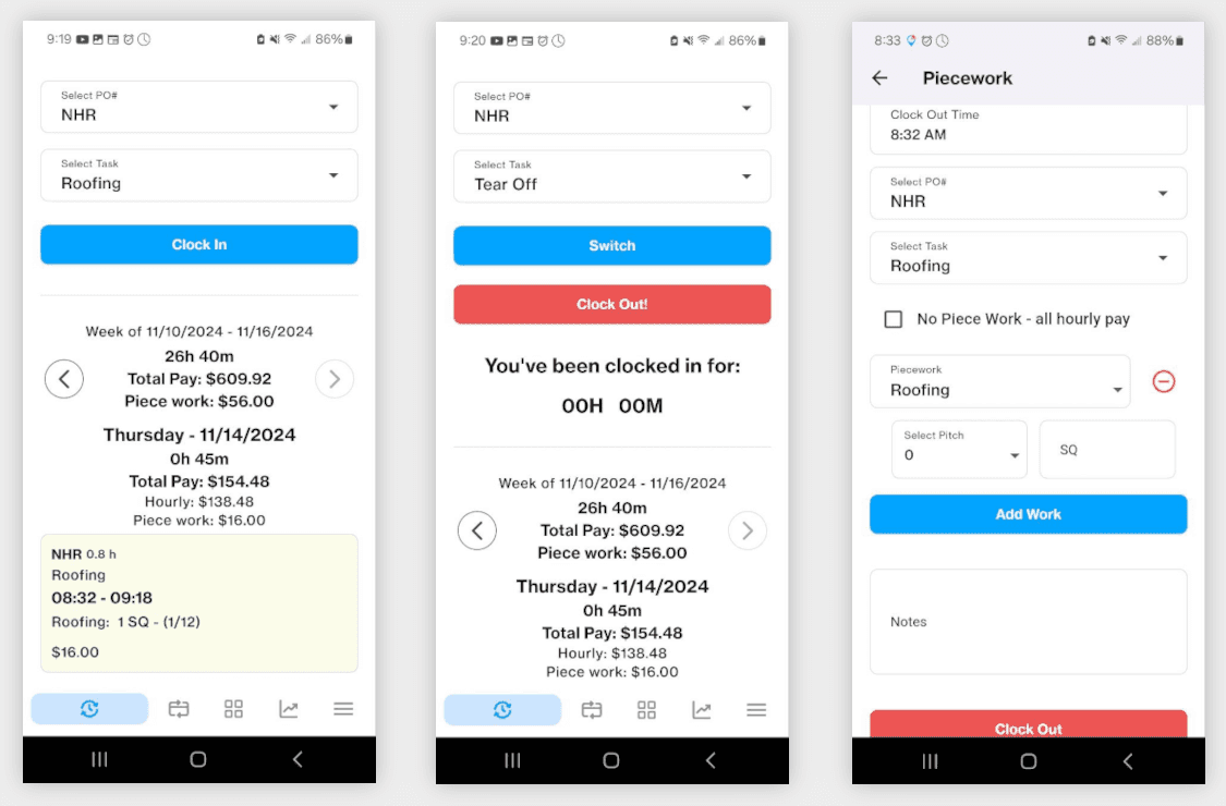 Piece Work Pro mobile app showing the crew clock-in interface with project selection and piece work entry on a smartphone
