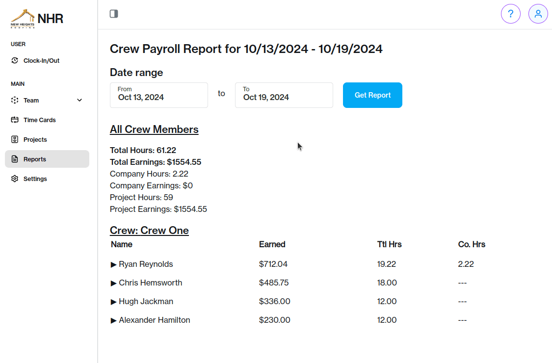 Piece Work Pro payroll report showing crew pay breakdown by person and project