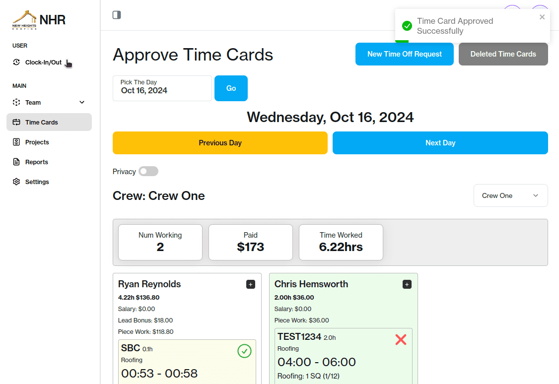 Piece Work Pro dashboard showing crew time cards with piece work entries, daily earnings, and approval status